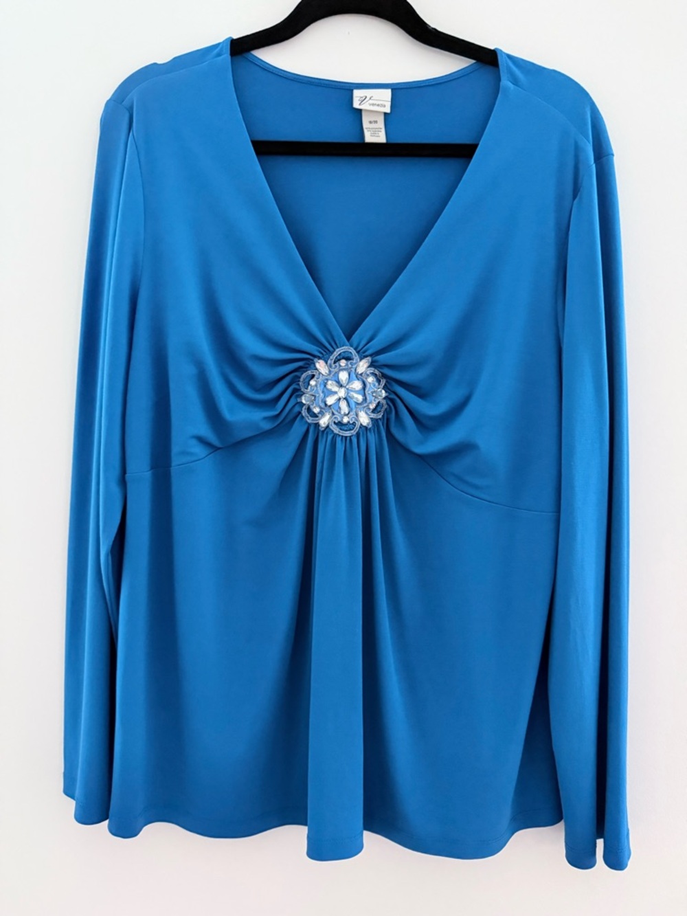 Venezia Teal-Blue Long Sleeve V-Neck Top with Jeweled Medallion